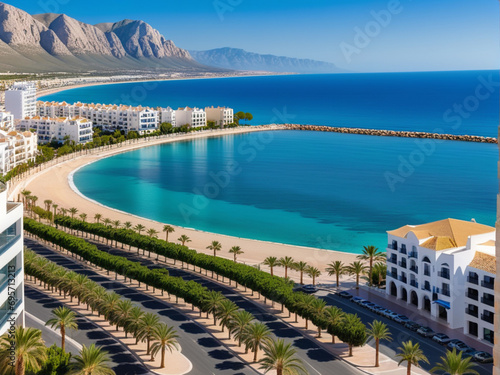 View to beautiful Albir town with main boulevard promenade, seaside beach and Mediterranean sea. photo