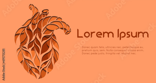 Vector horizontal card with paper cut of illness human heart made of autumn leaves and place for text. Banner with layered illustration