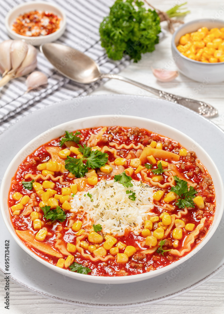 lasagna soup with ground beef, corn, tomato paste lasagna soup with ground beef, corn, tomato paste