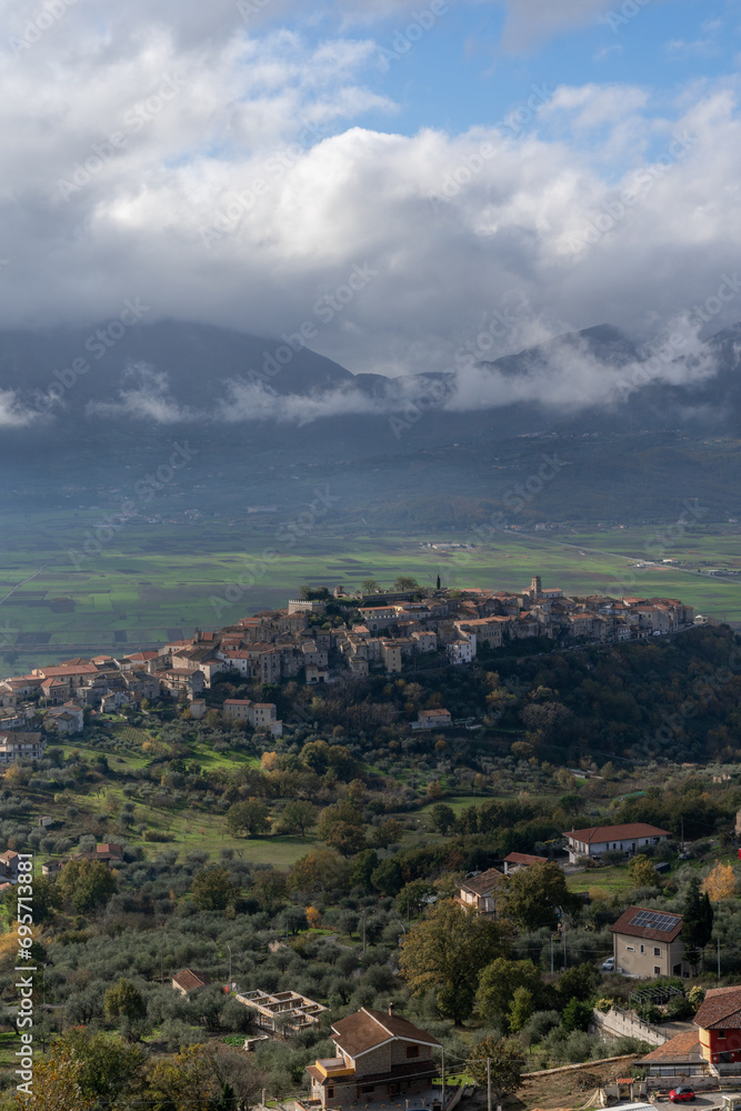 vertical view of the Vallo di Diano with the town of Atena Lucana in the foreground