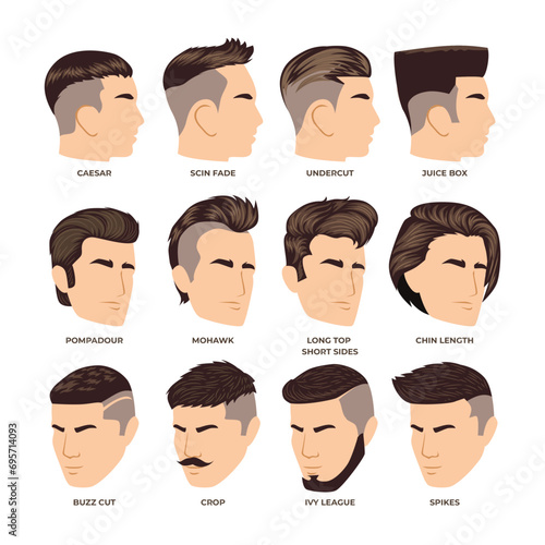 Set of different types of man hairstyle cut collection, fashionable mens haircut isolated on white background, hipster tailor salon man fashion, trendy boy haircut.