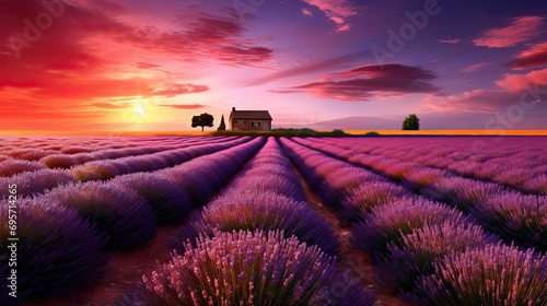 Stunning Landscape With Lavender Field at sunset