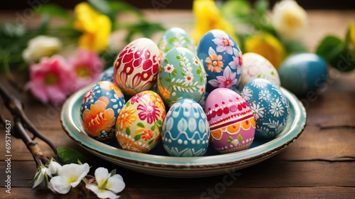 Lots of vibrant Easter eggs with floral pattern. Festive background.