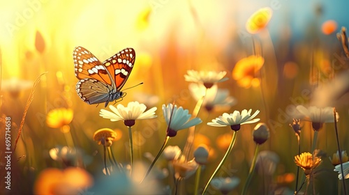 Summer Wildflowers and Fly Butterfly in a meadow at sunset © paisorn