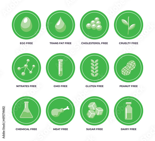 Set of different types of allergen label sticker collection, Natural Products. Allergens. Food Intolerance. Set of icons, Natural products badges. GMO free emblems. Organic stickers. Healthy eating.