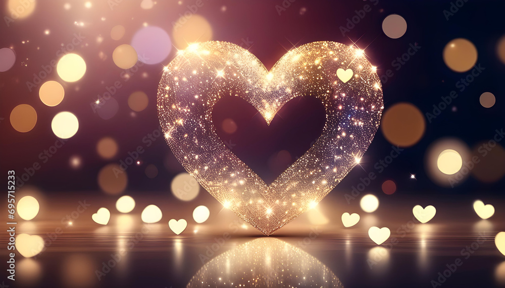  heart shaped sparkling bokeh background. Greeting card for celebration, birthday, women, mother, Valentine's Day