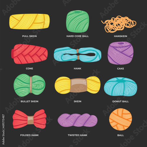Set of Different Types of wool yarn balls and skeins. Cozy crafting hobby, Balls of yarn Knitting, Tools for knitwork, handicraft for crocheting, knitting needles in doodle. Skein, ball, bobbin