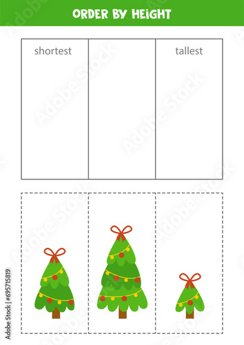 Sorting game for kids. Sort Christmas trees by height.