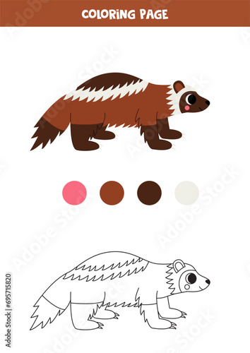 Color cute cartoon wolverine. Worksheet for kids.