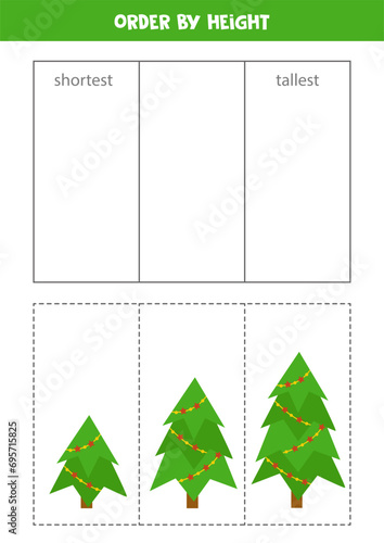 Sorting game for kids. Sort Christmas trees by height.
