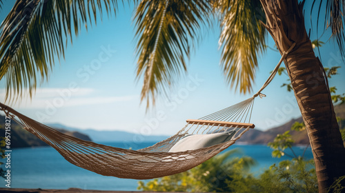 Palm Tree Hammock by the Ocean with Copy Space Background