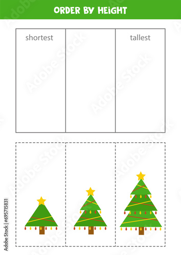 Sorting game for kids. Sort Christmas trees by height.