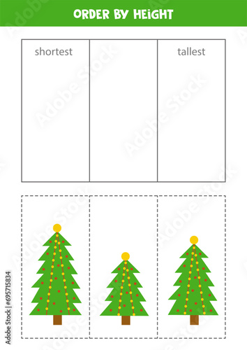 Match Christmas trees by height. Educational worksheet for kids.