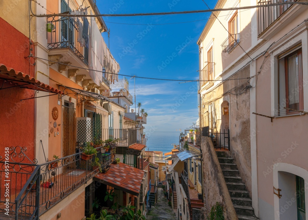 view of a narrow village street in Pizzo Calabro in typical Italian shabby chic style
