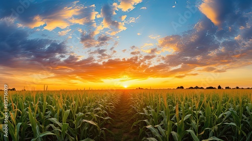 Sunset over cornfield with blue sky and clouds agriculture