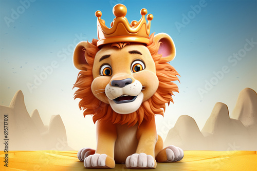 3D cartoon character of a Lion wearing a cute crown
