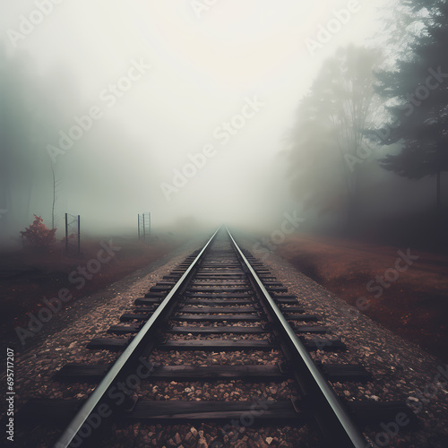 Railroad tracks disappearing into the misty distance.