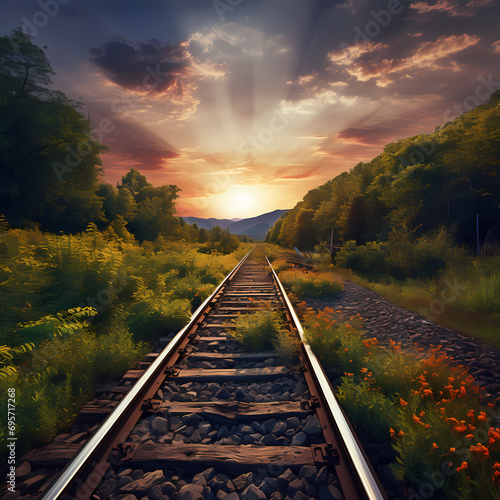 Railroad tracks weaving through a vibrant countryside.