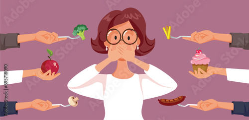 Vector People Giving Food to a Woman Making her Uncomfortable. Party guess refusing so many snacks in front of her 
