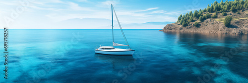 Birds Eye View of Solitary Sailboat in Tranquil Blue Cove with Copyspace