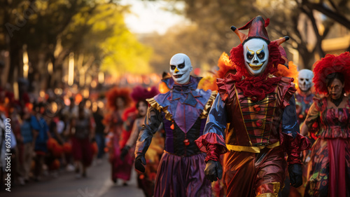 People in costumes in a Halloween parade.