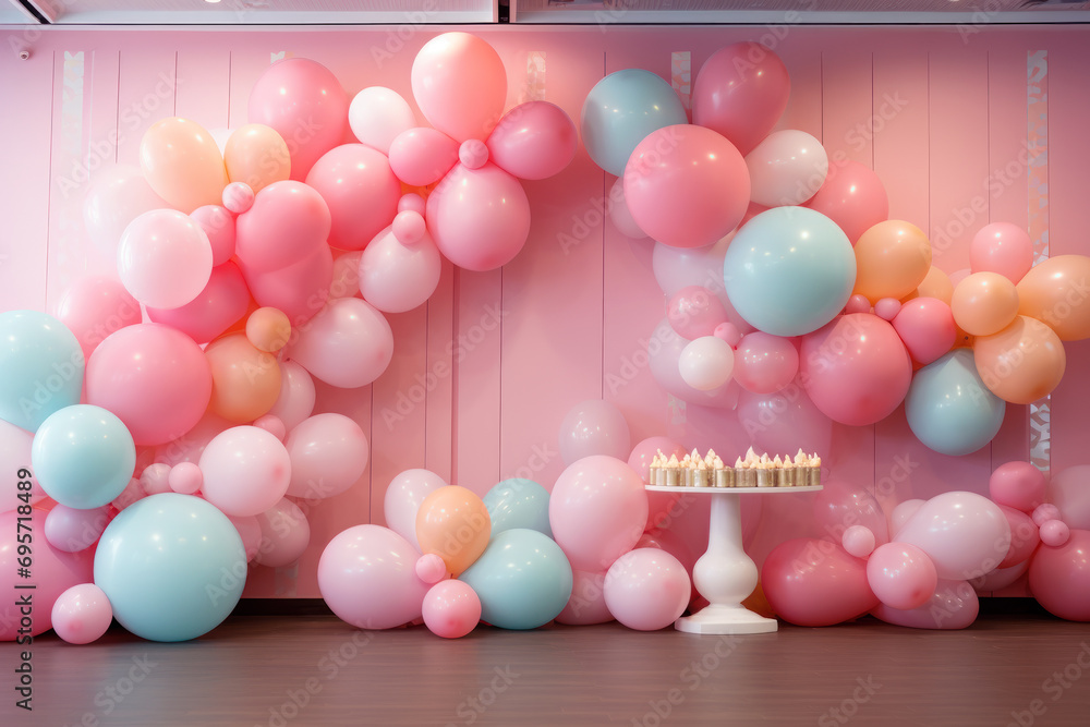 Pink and blue decor for birthday with balloons and cake Pink and blue decor for birthday with balloons and cake