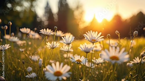 The landscape of white daisy blooms in a field with the © paisorn