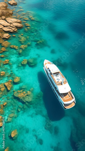 Top down Image of Solitary Yacht Adjacent to Coral Reef with Copyspace for Text