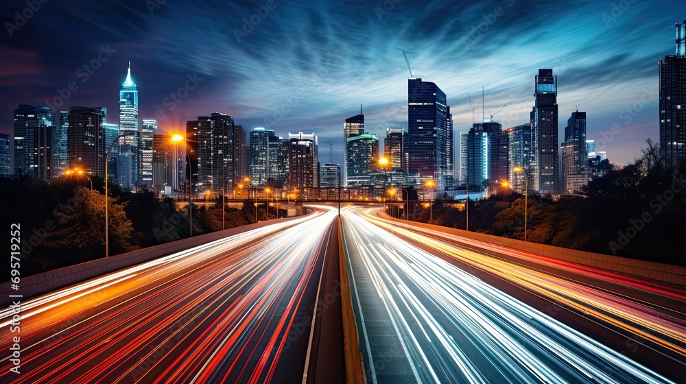 The motion blur of a busy urban highway during the even