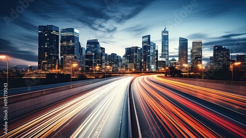 The motion blur of a busy urban highway during the even