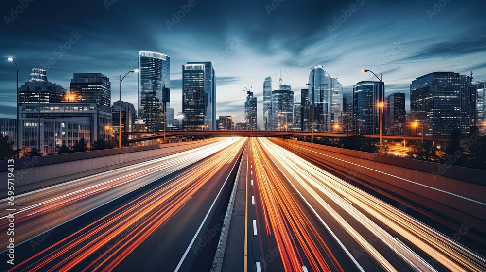 Fototapeta premium The motion blur of a busy urban highway during the even