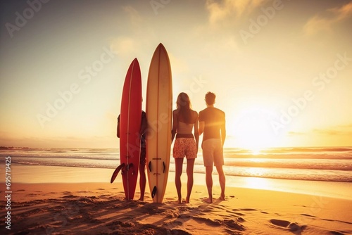 Young group of friends walking along the sandy beach near the ocean at sunset with surfboards, outdoor activities and sports holidays photo