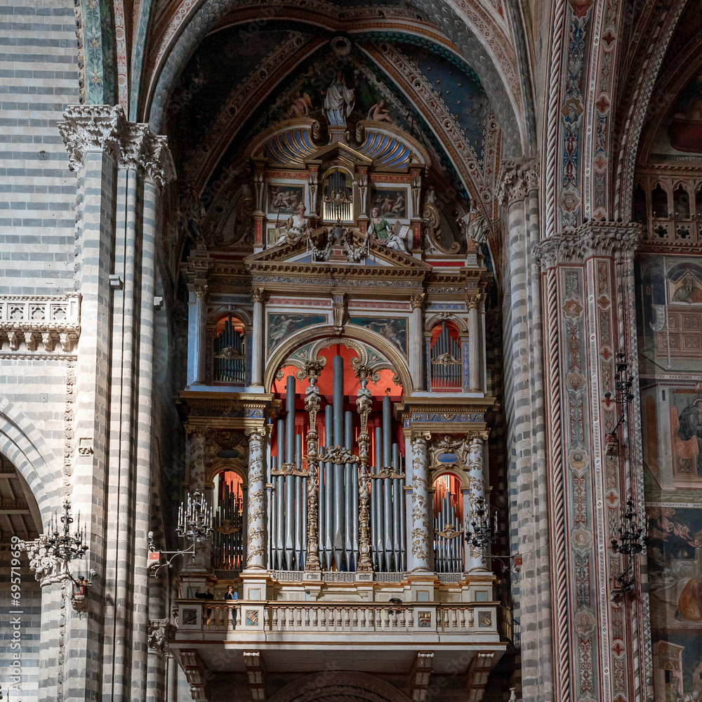 view of the pipe organ inside the historic Orvieto Ccathedral