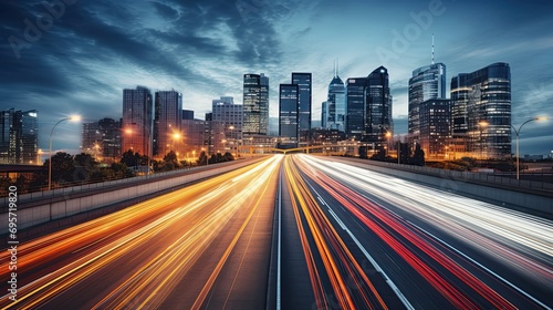 The motion blur of a busy urban highway during the even