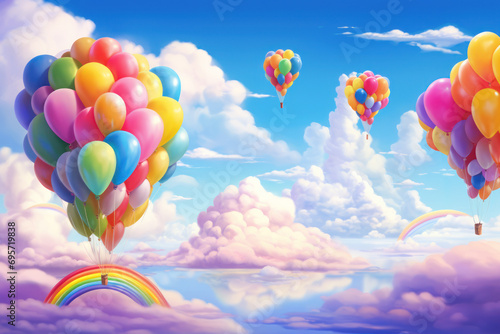 Bright balloons and vivid rainbows on a blue sky with pink clouds. 