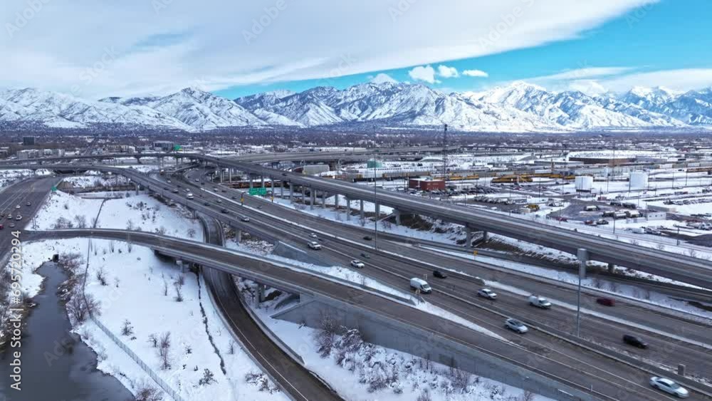 Traffic flow at Spaghetti Bowl Interchange in Salt Lake City, winter aerial view Traffic flow at Spaghetti Bowl Interchange in Salt Lake City, winter aerial view