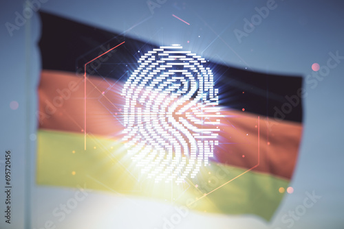Double exposure of virtual creative fingerprint hologram on German flag and blue sky background, research and development concept