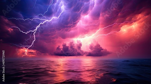 shows a purple lightning striking cloud above