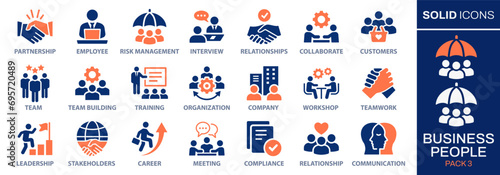Business people icon set. Collection of team, leadership, workshop, employee, career and more. Vector illustration. Easily changes to any color.
