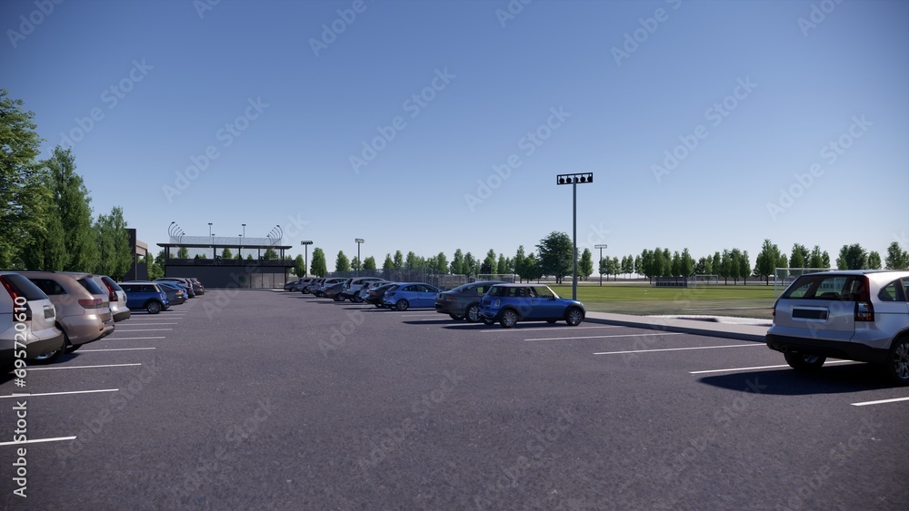 3d render parking lot at sport complex