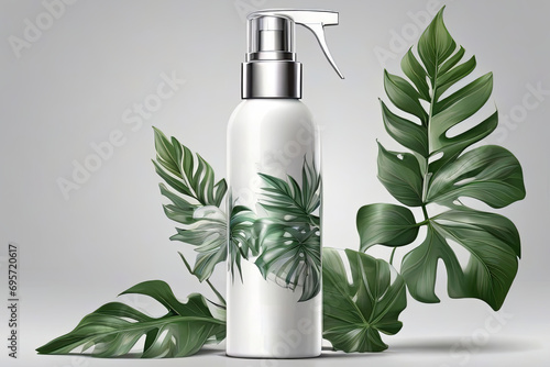 spray, fresh lotion, tropical leaves, silver design, packaging mockup, skin care cosmetics .Generative AI technology 