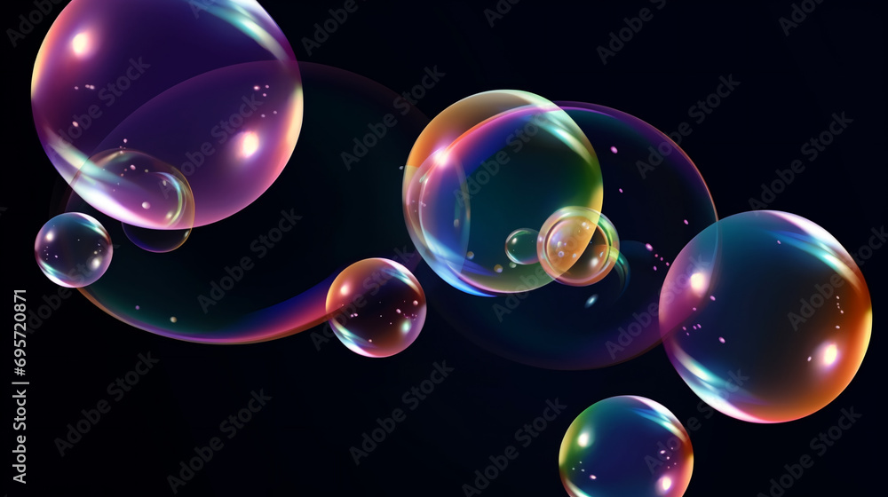 Soap bubbles levitate on a black background, AI Generative. Soap bubbles levitate on a black background, AI Generative.