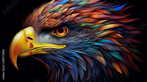 image of the head of an eagle, smoke effect, intricate details of the feathers, very detailed, 3D sparkling effect. detailed illustration with colorful feathers, Generate AI. photo