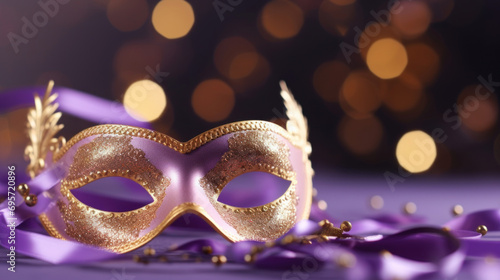 Photo of elegant and delicate carnival mask over bokeh background