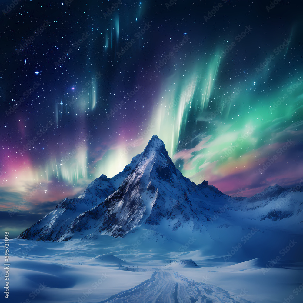 Snow-covered mountain peak under the dancing northern lights.