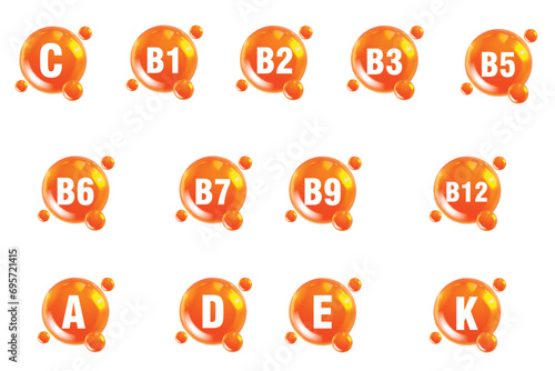 Set of Multi Vitamin complex icons, Essential vitamin complex, vitamin c, vitamin d, vitamin e, vitamin k, vitamin b, vitamin b