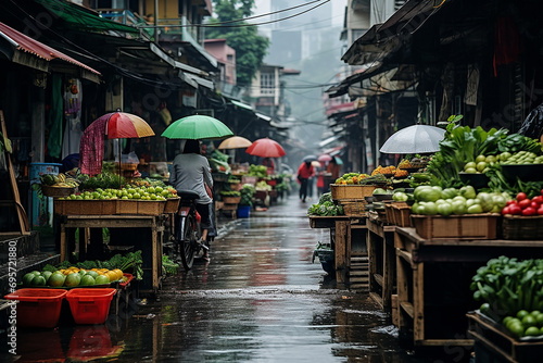 Outdoor market in Vietnam on a rainy day