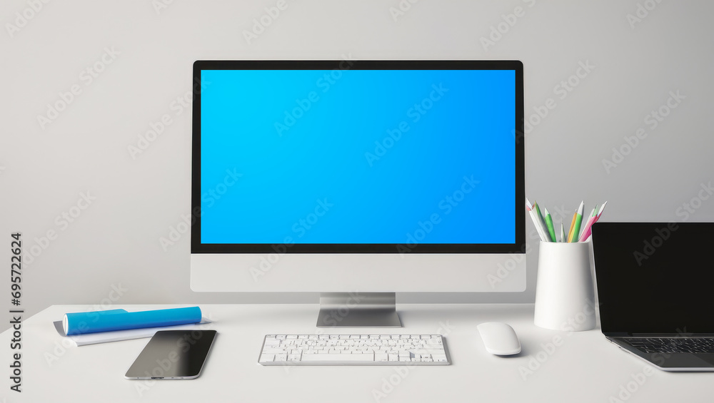 Workspace with Blank Computer Screen. Workspace with laptop computer empty screen and office supply. Blank screen desktop computer in minimal office room with decorations and copy space Workspace with Blank Computer Screen. Workspace with laptop computer empty screen and office supply. Blank screen desktop computer in minimal office room with decorations and copy space
