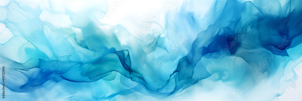 Alcohol Ink Painting, Abstract Painting in Blue and Green Tones, Diffused Turquoise Light, Flowing Aqua Silk, Blue Mist, Flowing Silk, Dynamic Pearlescent Wallpaper. Horizontal Watercolor Painting.