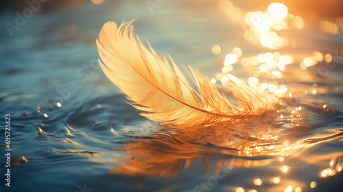 Feather adrift on sunset tranquil waters. photo